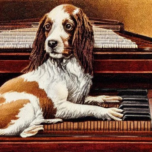 Image similar to a brown and white sprocker Spaniel playing a grand piano, pointillism, fine art