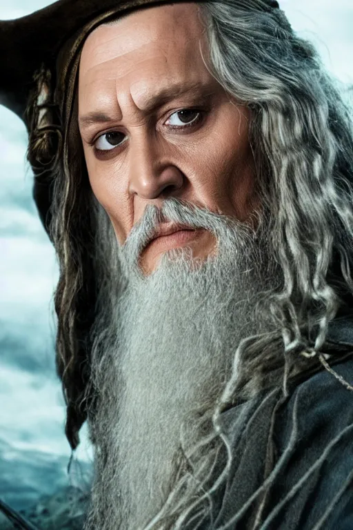 Image similar to film still of johnny depp as gandalf in lord of the rings movie, glamour pose, dramatic lighting, octane, volumetric lighting, 8 k
