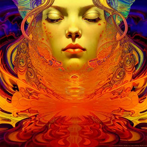 Image similar to extremely transcendent bodhisattva mind bending psychedelic waves of glossy liquid honey flowing like kaleidoscopic translucent amber, lsd waves, honey ripples, enlightenment, high contrast lighting, refracted sunset, highly detailed, concept art, art by collier, albert aublet, krenz cushart, artem demura, alphonse mucha