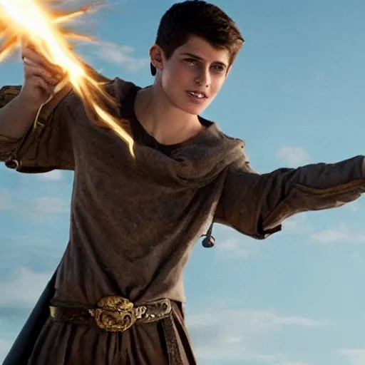 Image similar to handsome 17 year old boy in a Biblical outfit holding a slingshot to fight against the giant Goliath, epic, cinematic lighting, directed by Zack Snyder