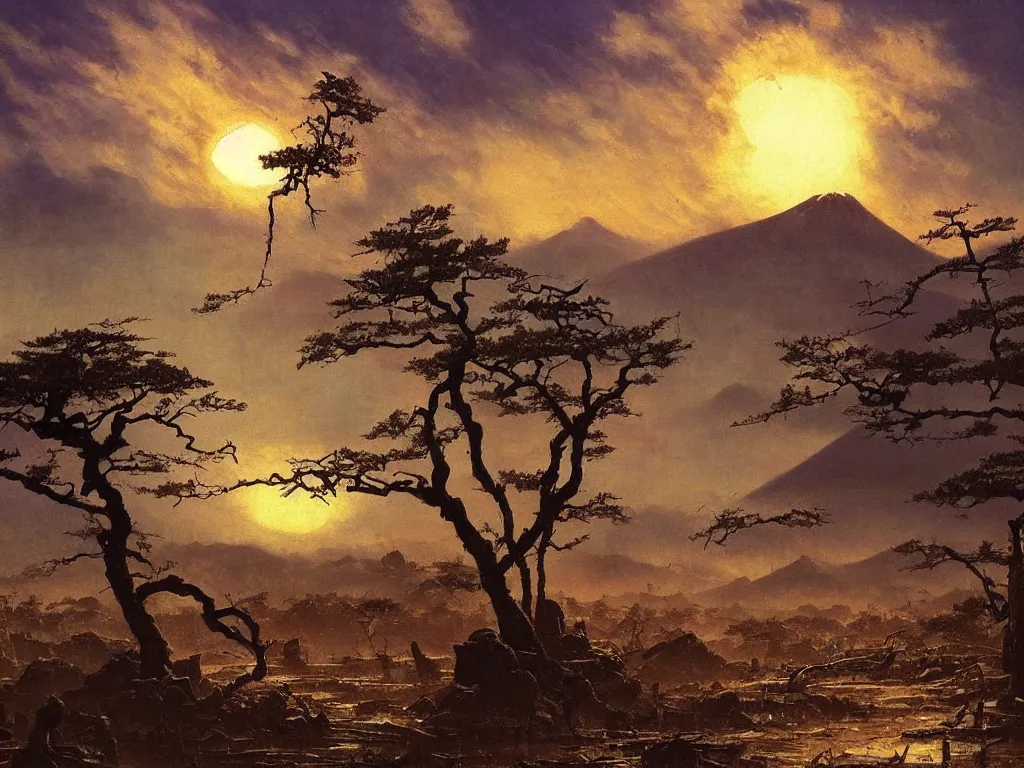 Prompt: a post apocalyptic japanese landscape after a nuclear war, beautiful radioactive sunset lighting, beautiful painting, japanese village, painted by albert bierstadt