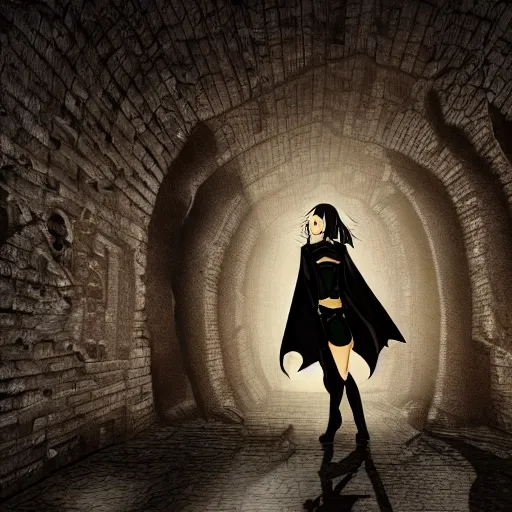 Image similar to a boy victim being intimidated by a succubus in a leather suit, devi wings, cracked brick wall, long hallway, light at the end of the tunnel, volumetric lighting, concept art, detailed, dramatic lighting, by hayao miyazaki