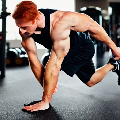 Prompt: 8 k insanely detailed high quality photo of a ginger handsome gym bro doing lunges at the gym, beautiful sexy handsome symmetrical face