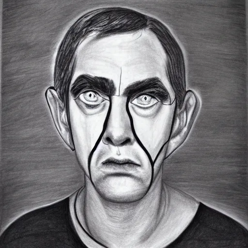 Prompt: dad with large eyes and monobrow, black and white pencil drawing, unrealistic