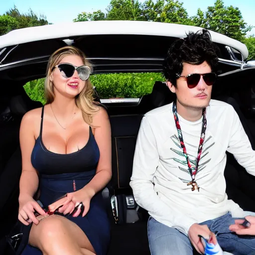 Prompt: kate upton and john mayer are sitting in a convertible driving around while a hip - hop group is playing.