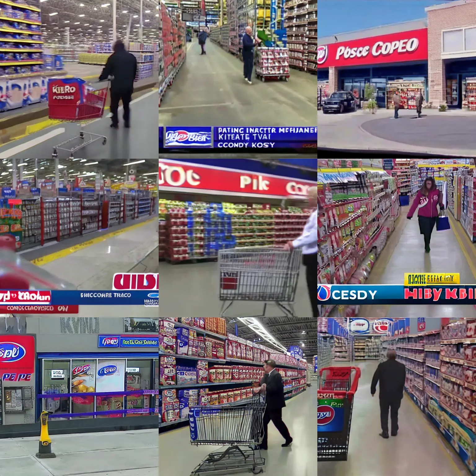 Prompt: CCTV footage of kirby going to costco to buy pepsi, shown on newscast