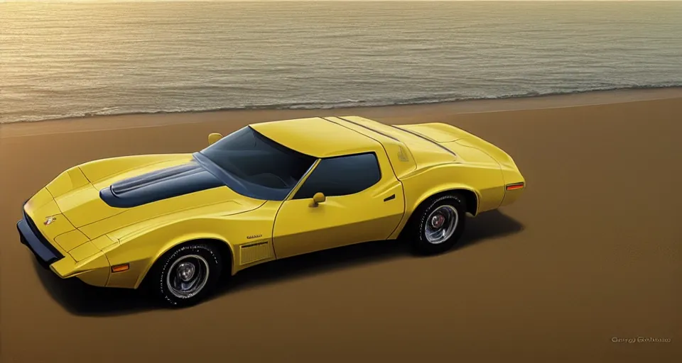 Prompt: a yellow 1979 stingray corvette at the beach at sunset, t-top, convertable,digital art,detailed,ultra realistic,art by greg rutkowski