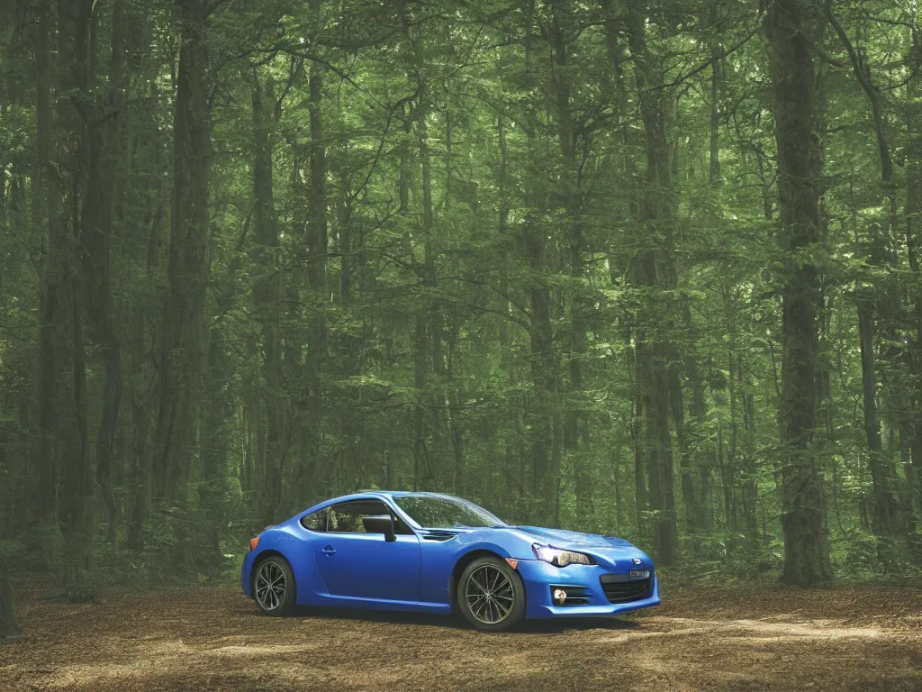 Image similar to cinematic still of one subaru brz in a forest by studio ghibli