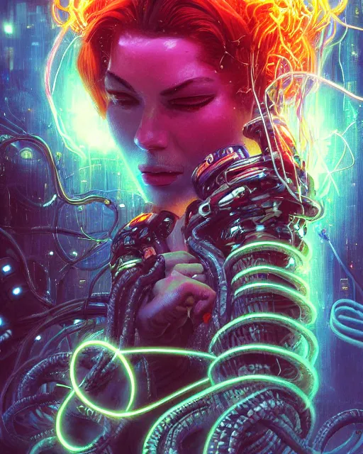 Prompt: a cyberpunk close up portrait of cyborg medusa, electricity, snakes in hair, sparks, bokeh, soft focus, by paul lehr, jesper ejsing