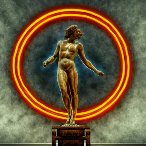 Image similar to a renaissance statue on a neon ring background, ray tracing, 3 d render, 8 k resolution, shar focus, hyper detailed, hyper realistic