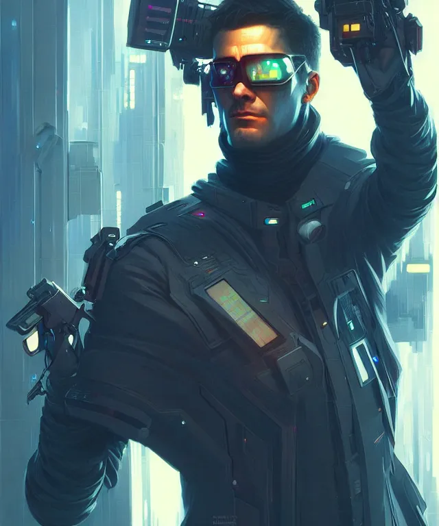 Image similar to Hacker cyberpunk man portrait, highly detailed, digital painting, artstation, concept art, smooth, sharp focus, illustration, art by artgerm and greg rutkowski and alphonse mucha