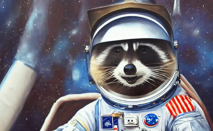 Image similar to oil painting of a racoon in a astronaut suit with helmet, 35mm, photo, Epic, cinematic, highly detailed and intricate