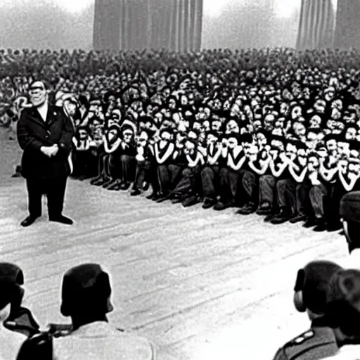 Prompt: adolf hitler speaking to a room full of the minions from despicable me