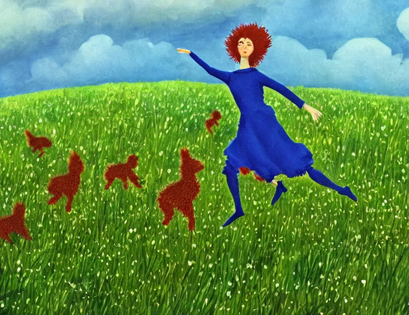 Prompt: wild, lush chia pet hopping in the meadow, stormy skies. russian fairytale art, gouache, dynamic composition, backlighting