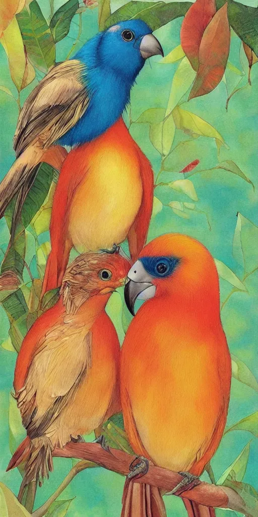 Image similar to greeting card, love, beautiful tropical bird couple, by tran nguyen, warm colors, cozy