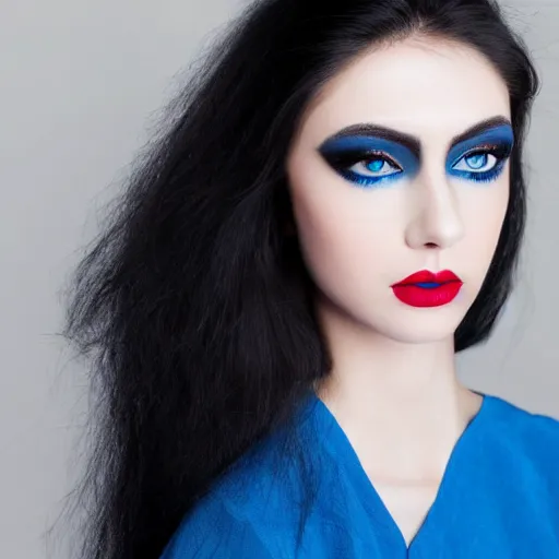 Image similar to raven haired seductive woman with stunning ocean blue eyes, black eyeshadow, long black eyelashes with a beautiful face, sharp thin nose, fair skin, soft skin, bare shoulders, luscious red lips