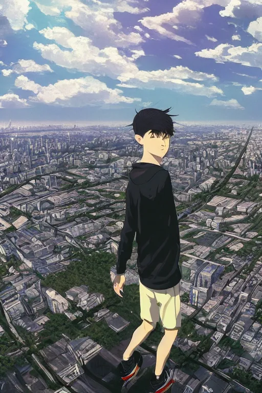 Prompt: sad gopnik boy in black adidas sportswear squating фand looking atop of a urban plateau filled with soviet residential buildings, summer, dreamy, beautiful clouds, birds in the sky, ultra detailed, beautiful lighting, wallpaper, cityscape, beautiful artwork by makoto shinkai