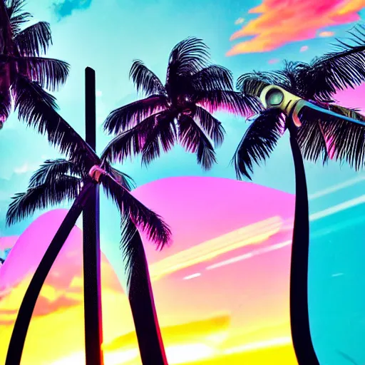 Prompt: miami beach sunset vapor wave palm trees 80s synth retrowave delorean close up ultra detail contrast specular metal car door chrome