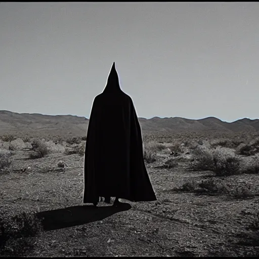 Image similar to a man wearing a long cloak and hood, in the desert, film still, panavision panaflex