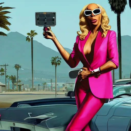 Image similar to rupaul in gta v, cover art by stephen bliss, artstation, no text