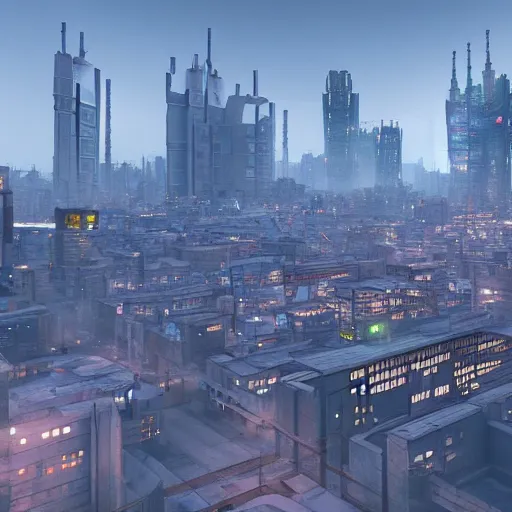 Prompt: norilsk orbit city cityscape, 9 0 s telephoto, environmental concept art, rendered in unreal engine, cyberpunk