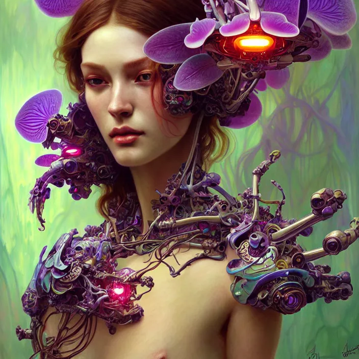 Image similar to psychedelic organic cyborg, orchid, diffuse lighting, fantasy, intricate, elegant, highly detailed, lifelike, photorealistic, digital painting, artstation, illustration, concept art, smooth, sharp focus, art by John Collier and Albert Aublet and Krenz Cushart and Artem Demura and Alphonse Mucha