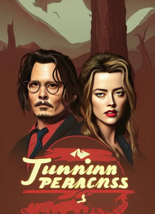 Prompt: Twin Peaks poster artwork by Michael Whelan and Tomer Hanuka, Rendering of portrait of Johnny Depp & Amber Heard in Twin Peaks scene, full of details, by Makoto Shinkai and thomas kinkade, Matte painting, trending on artstation and unreal engine