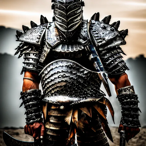 Image similar to photo of a warrior with metal crocodile theme armour, 4 k, hdr, smooth, sharp focus, high resolution, award - winning photo