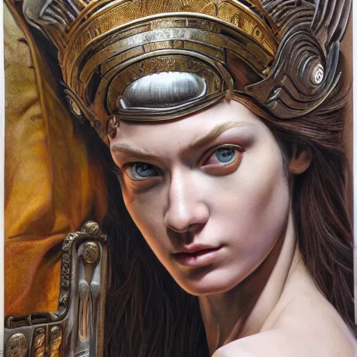 Image similar to hyperrealistic mixed media painting of beautiful goddess Athena, stunning 3d render inspired art by P. Craig Russell and Barry Windsor-Smith, perfect facial symmetry, dim volumetric lighting, 8k octane beautifully detailed render, post-processing, portrait, extremely hyper-detailed, intricate, epic composition, brown eyes, realistic realistic realistic eyes, cinematic lighting, masterpiece, trending on artstation, detailed detailed detailed, masterpiece, stunning