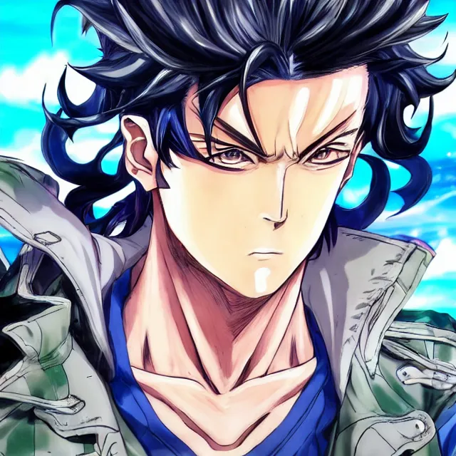 Prompt: handsome anime man channels the universe's energy in the style of jojo's bizarre adventure, ultrafine hyperrealistic detailed face illustration by kim jung gi, intricate linework, sharp focus, bright colors, matte, octopath traveler, final fantasy, unreal engine highly rendered, global illumination, radiant light, intricate rainbow environment