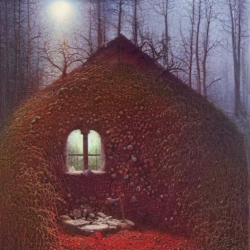 Image similar to small cottage in the forest by zdzisław beksinski, marco mazzoni, peter gric, oil on canvas, highly detailed, whimsical, fantasy