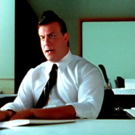 Prompt: clean - shaven chubby white wearing a shirt and necktie sitting at a desk, 1 9 8 9 movie still, cinematography, cinematic lighting