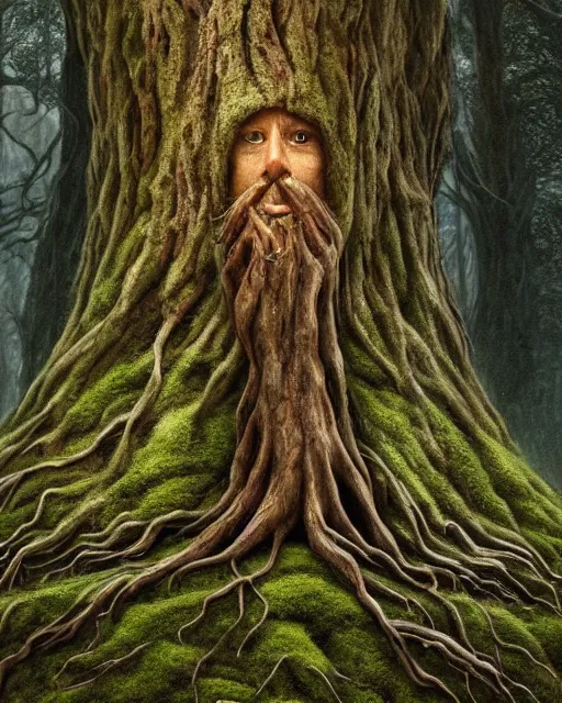 Image similar to a talking oak tree, a face in the bark, nose made of wood, eyes in the bark, fantasy concept art, leaves and moss, digital painting, oil painting, hyperrealistic, beautiful, treebeard, ent, highly detailed, soft lighting, golden sunlight, very detailed eyes, artstation, cgsociety, in the forest, by alan lee, by artgerm