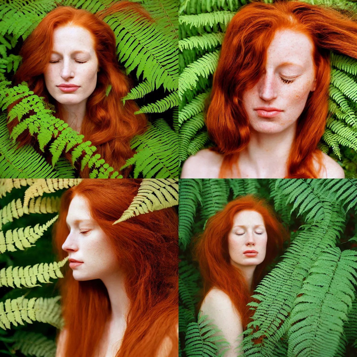 Prompt: An analog head and shoulder frontal face portrait photography of a redhead woman behind multiple big fern leaves by Annie Leibovitz. Long hair. eyes closed. Agfa Vista 800 film. Sunshine. detailed. hq. realistic. Rembrandt light style. warm light. muted colors. lens flare. photoreal. Bloom and glare. Leica M9, f/1.4, ISO 200, 1/160s, RAW, symmetrical balance, in-frame