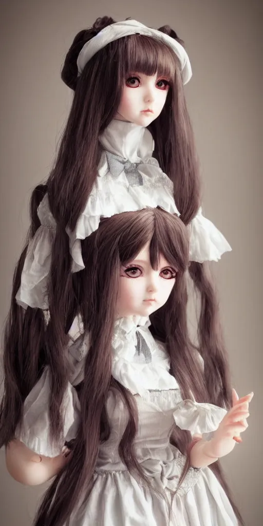 Prompt: Realistic anime doll girl in victorian suit, full lenght