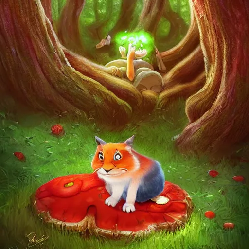 Image similar to beautiful storybook illustration of a cute fury creature eating lunch sitting on a red mushroom in a fantasy forest with old twisted trees, in the style of a Pixar movie, full shot, sharp and fine detailed, photorealistic, digital art, trending on Artstation, cinematic volumetric lighting