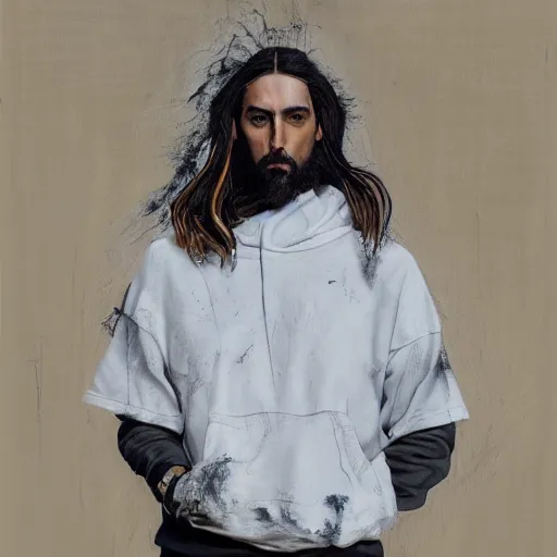 Prompt: a full body lookbook portrait of modern - day jesus wearing virgil abloh off - white menswear and sneaker collection by nicola samori, hat and hoodie, detailed, oil painting, hyper - realistic, 8 k, off - white collection