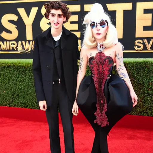 Image similar to timothee chalamet and lady gaga meet eachother, highly beautiful faces, highly detailed