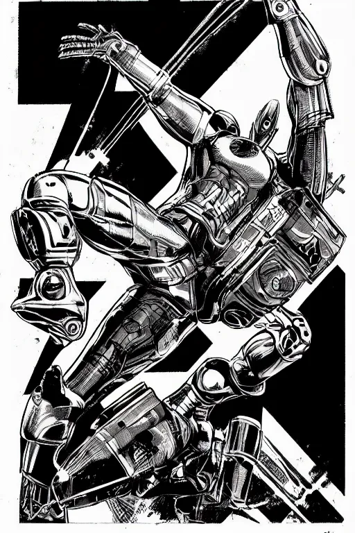 Image similar to ultron doing a high kick, a page from cyberpunk 2 0 2 0, style of paolo parente, style of mike jackson, adam smasher, johnny silverhand, 1 9 9 0 s comic book style, white background, ink drawing, black and white