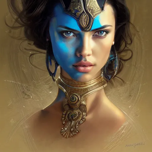 Image similar to an attractive young female wearing an blue ornate metallic helmet, adriana lima, olive skin, long dark hair, beautiful bone structure, intricate, elegant, highly detailed, digital painting, artstation, concept art, smooth, sharp focus, illustration, art by artgerm and greg rutkowski and alphonse mucha