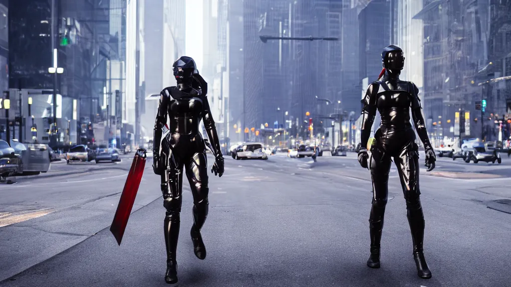 Image similar to modern sci-fi ninja woman with a mechanical sword and translucent shiny armour, walking towards oncoming traffic in downtown chicago, daytime, matte painting, unreal engine, cinematic camera, mirrors edge, inception