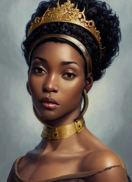 Image similar to portrait of a stunningly beautiful young black woman wearing a crown, highly detailed, digital painting, artstation, concept art, sharp focus, illustration, art by artgerm and greg rutkowski and alphonse mucha, incredibly beautiful and symmetrical face, incredibly detailed, award winning art, royal