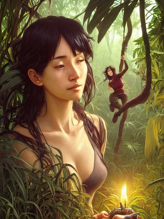 Prompt: full body picture of a female traveler lost in jungle maze, tired, beautiful and aesthetic, intricate, unreal engine, messy hair, highly detailed, detailed face, smooth, sharp focus, chiaroscuro, manga illustration, artgerm, greg rutkowski, ilya kuvshinov, rossdraws, alphonse mucha, young adult light novel cover art