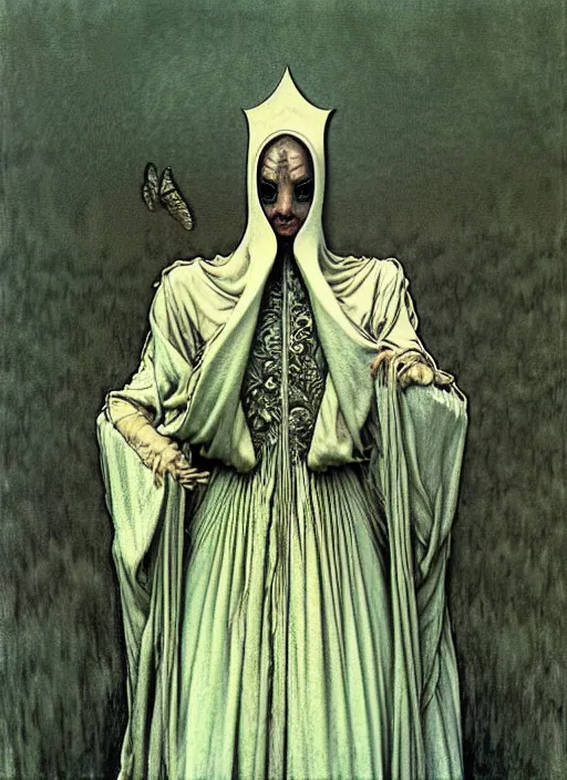 Prompt: soaring woman wearing a round mask hiding her face with many thick long blades behind head. dressed in a long robe with wide sleeves. highly detailed, symmetric, concept art, masterpiece, fantasy art, hyperdetailed, hyperrealism, art by zdzisław beksinski, arthur rackham, dariusz zawadzki, larry elmore