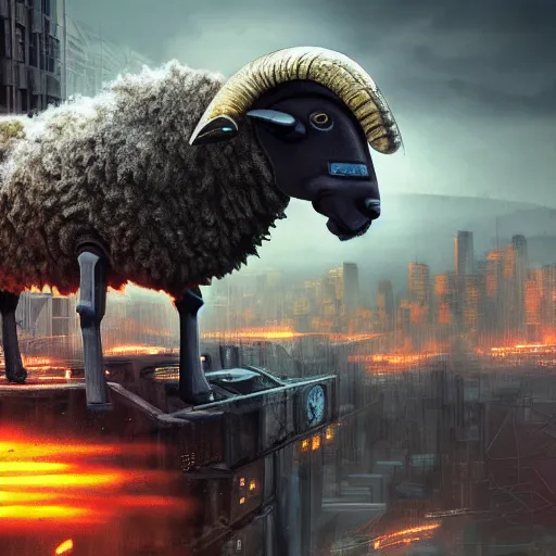 Image similar to ram sheep robot, intricate, sinister, futuristic, ultra realistic, hyper detailed, cinematic, digital art, artstation, trending, destroyed city in the background, depth of field