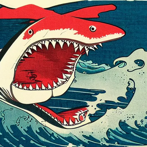 Prompt: shark attack by hokusai