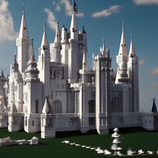 Image similar to an amazing white fantasy castle with towers and spiers, bricks, like white marble and built entirely using lego,, 3 d render, unreal engine trending on artstation, top selection on unsplash.