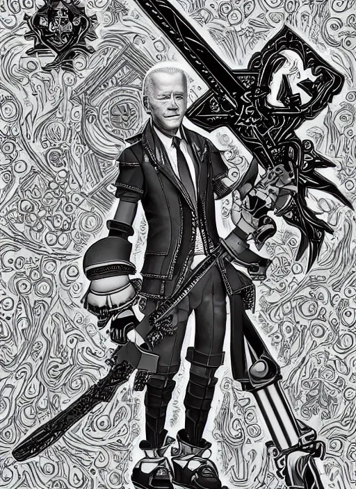 Image similar to joe biden as a kingdom hearts keyblade villain, official square enix hand painted line art, intricate design, high definition, delicate patterned, fantasy, fashionable rpg clothing