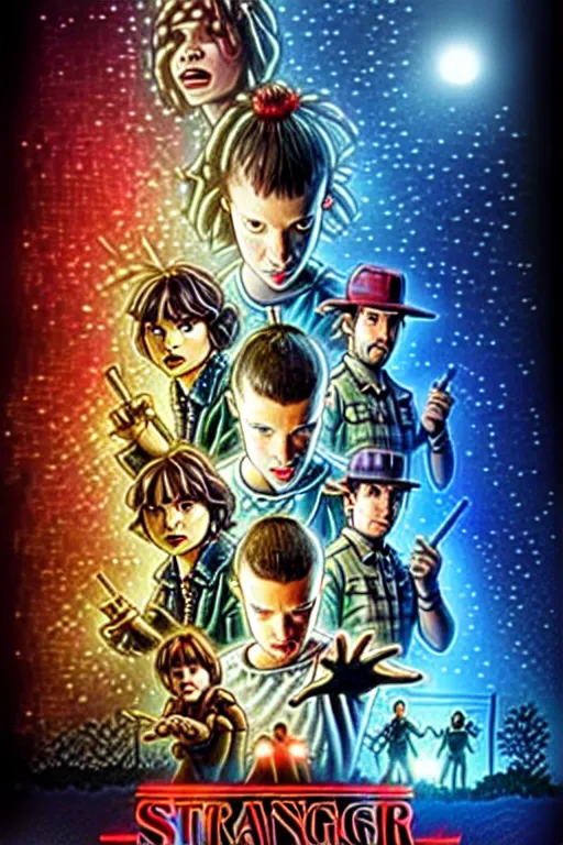 Prompt: animated version of Stranger Things poster by Matt Groening, cartoon, high resolution, hyper detailed, intricate, illustrated, dramatic lighting !n-9