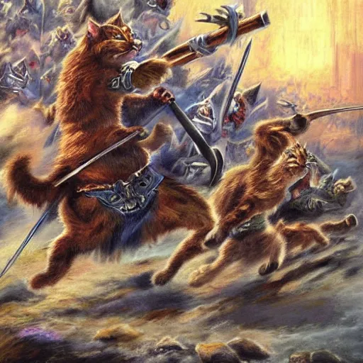 Image similar to cat warriors charging into battle fantasy painting heroic bearing by the best cat artist ever